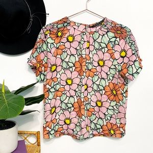 ZARA Basic Retro Floral Smocked Shoulder Blouse
